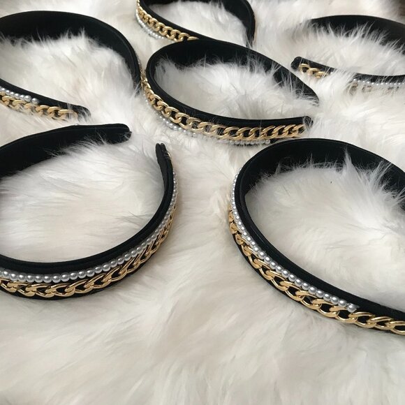 J. ELISE BOUTIQUE NEW TRENDY VELVET Black Gold Chain Pearl Fashion Headband - Picture 4 of 8